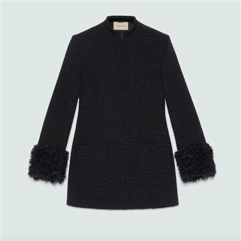 Tweed wool jacket with faux fur cuffs in black 